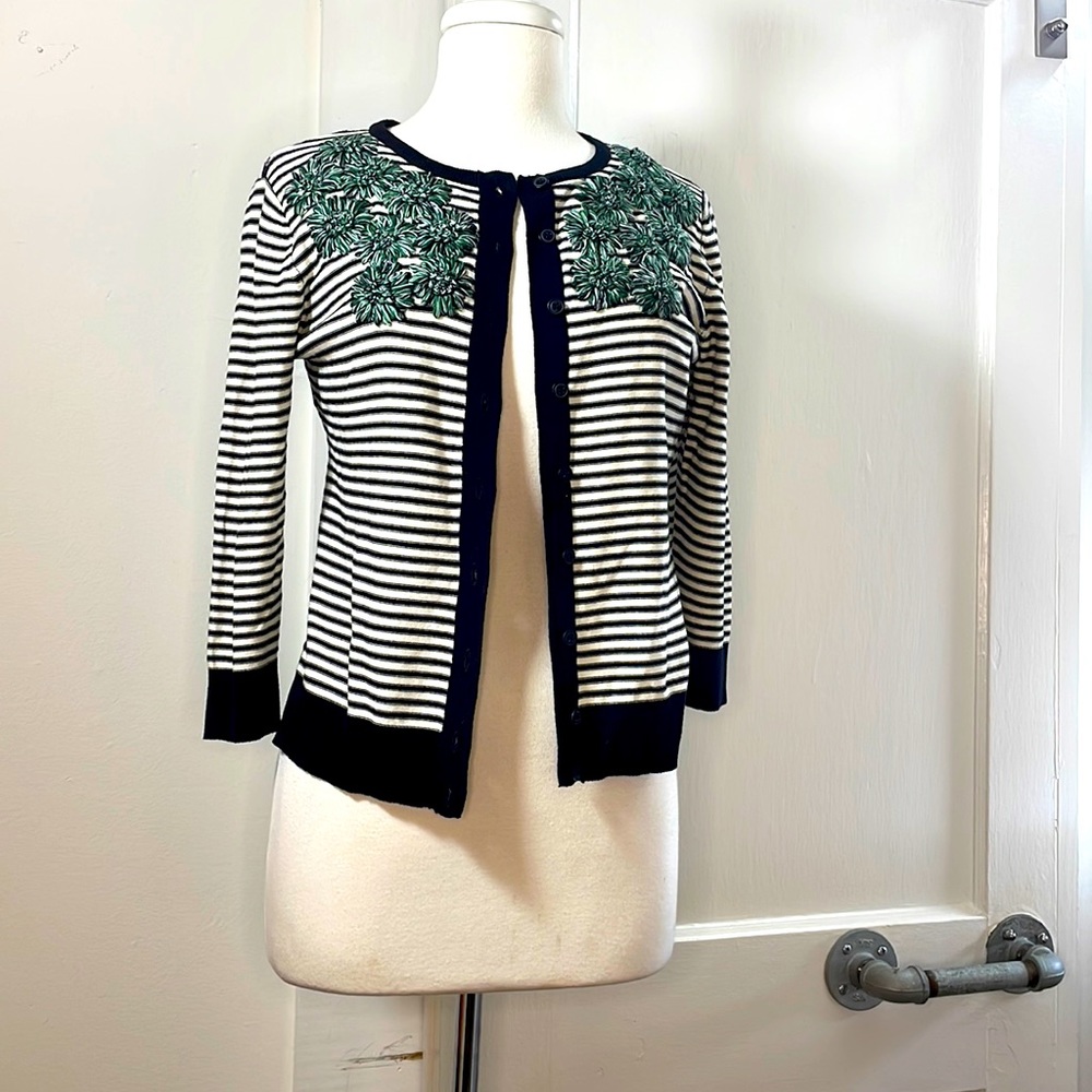 Tabitha anthropologie striped cardigan with embroidered flowers